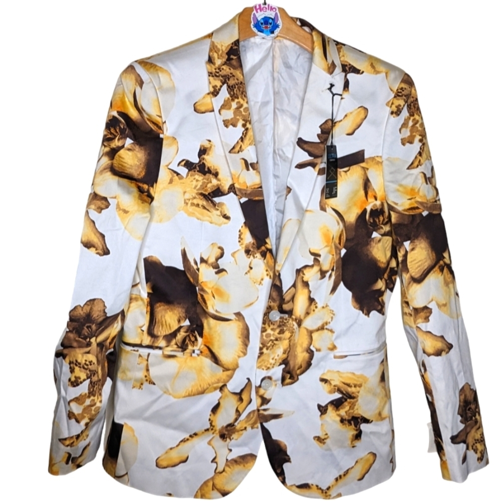 jf j.ferrar White Blazer with Gold & Brown Floral Print